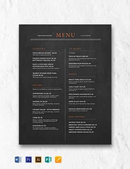 free menu templates for pages