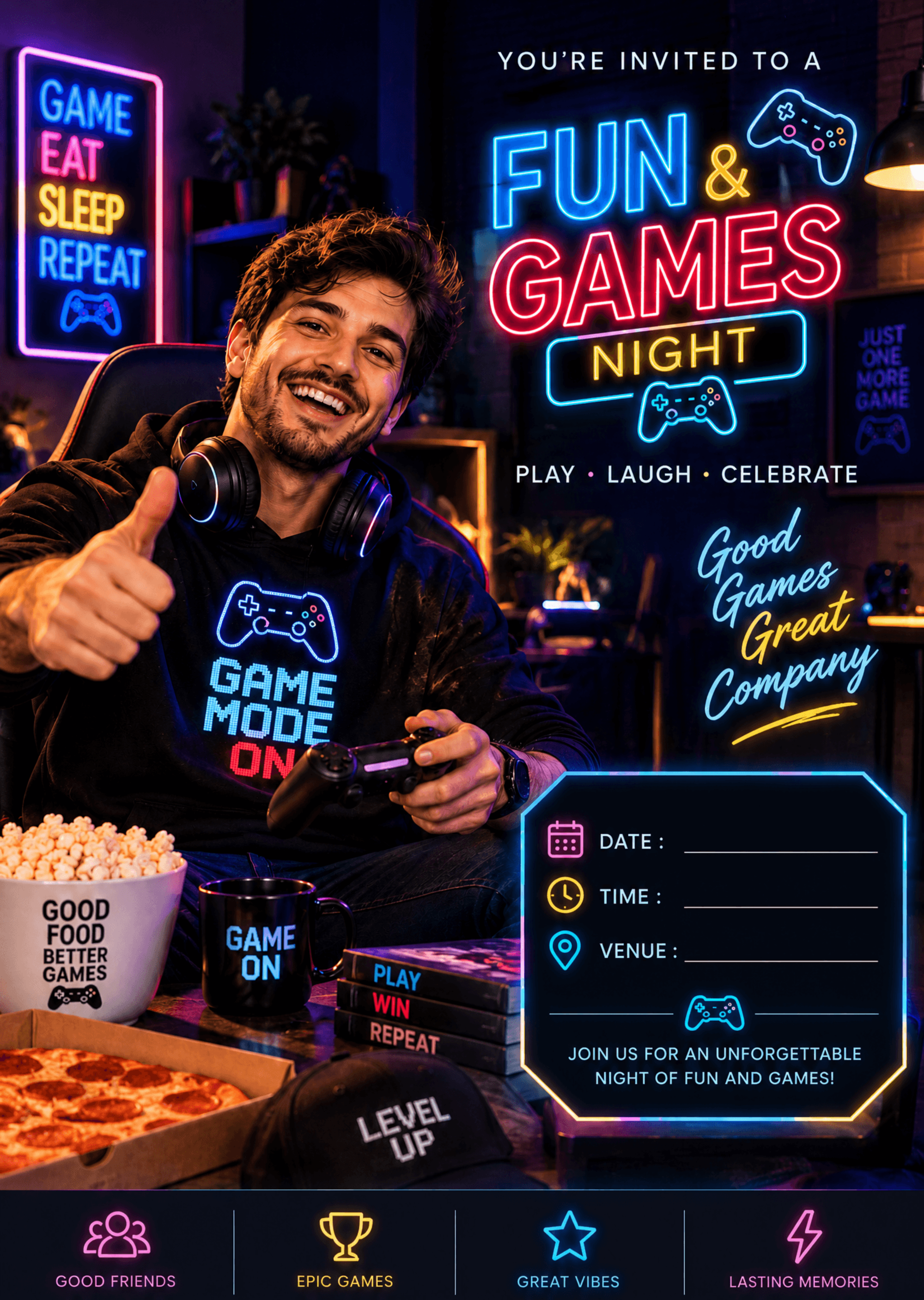 Game Night Invitation Template | Fun Neon Party Invite Game Night Invitation Template | Fun Neon Party Invite