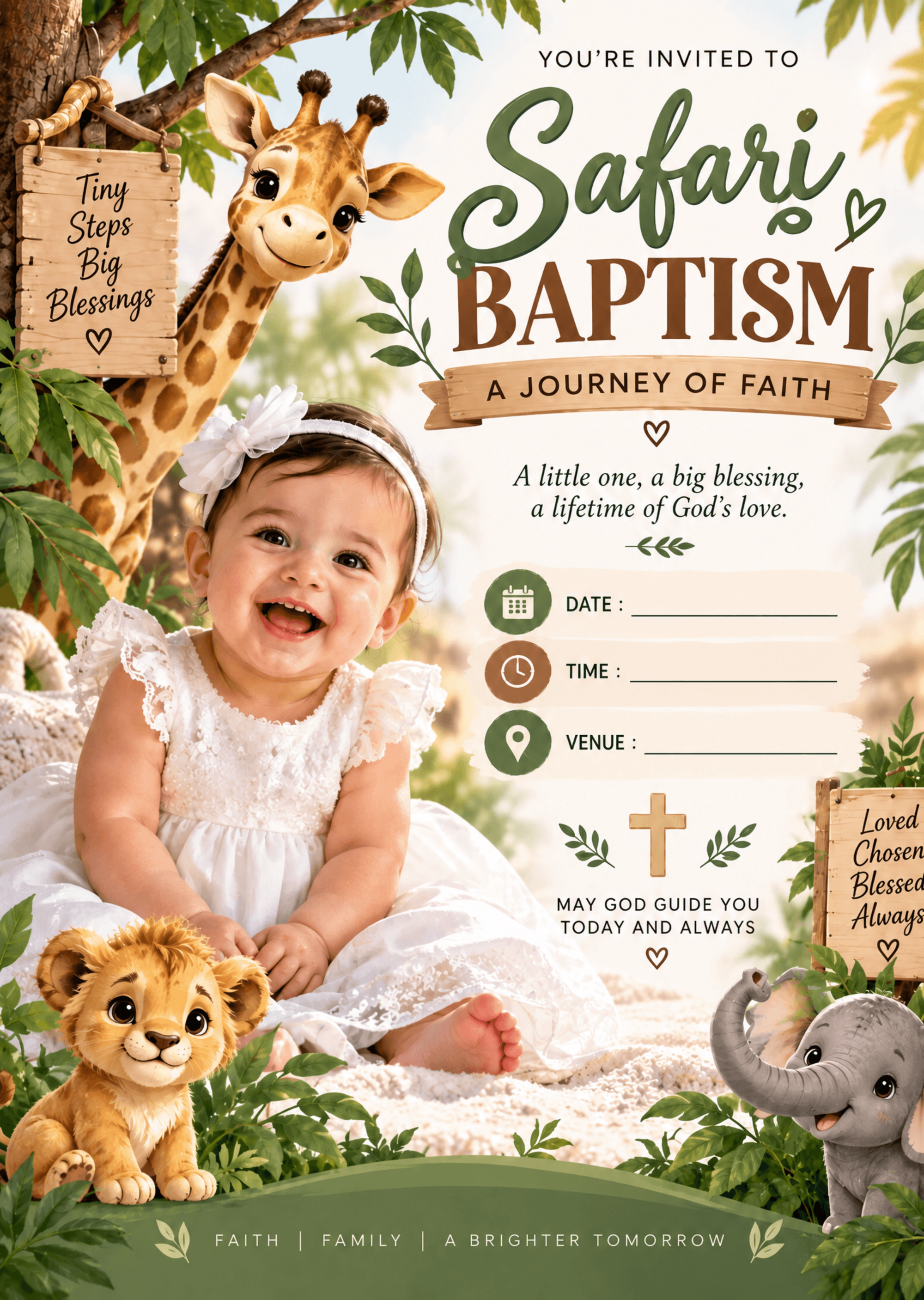 Safari Baptism Invitation Template | Cute Editable Baby Invite Safari Baptism Invitation Template | Cute Editable Baby Invite