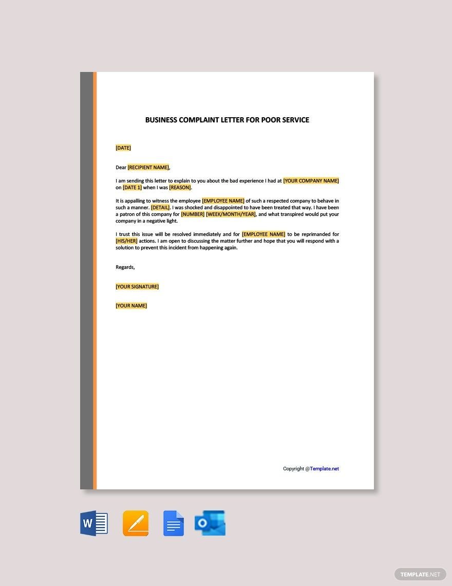 Business Complaint Letter for Poor Service Template