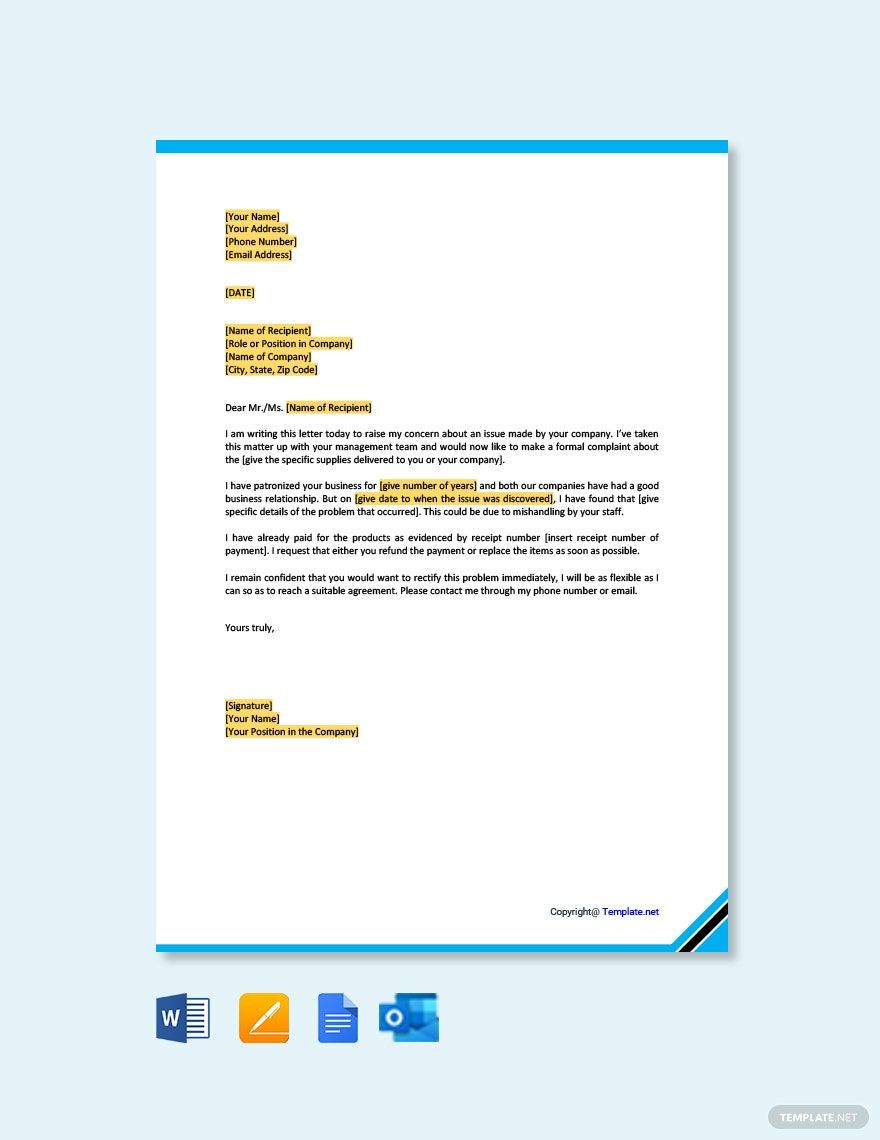 Business Complaint Letter to Supplier Template in Google Docs, Google Docs, Pages, Word, Outlook, PDF - Download | Template.net