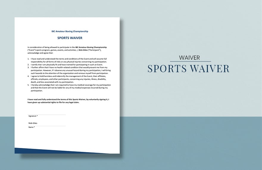 Sports Waiver Template in Word, Google Docs
