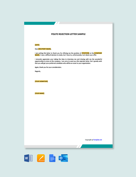 Polite Rejection Letter Sample Template - Google Docs, Word | Template.net