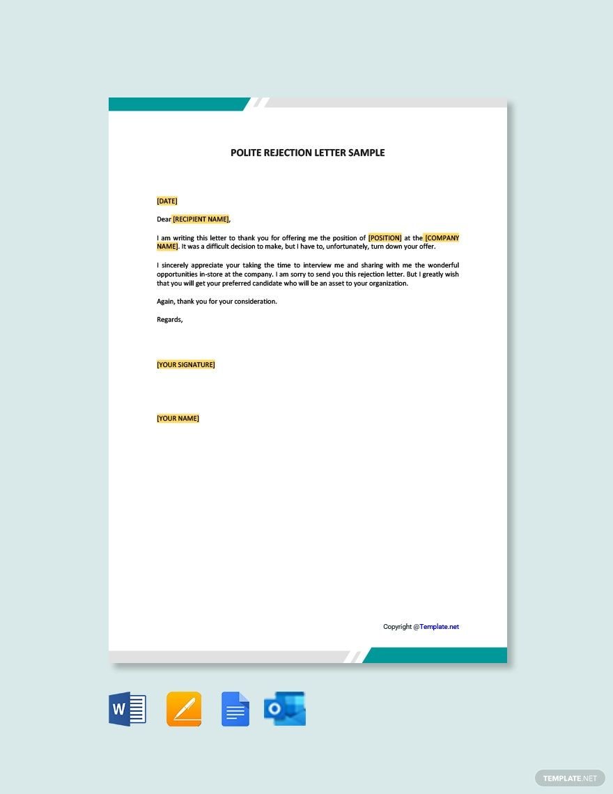 Polite Rejection Letter Sample in Word, Google Docs, PDF, Apple Pages, Outlook