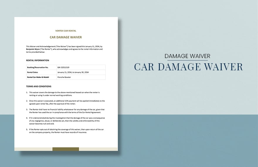 Car Damage Waiver Template in Word, Google Docs