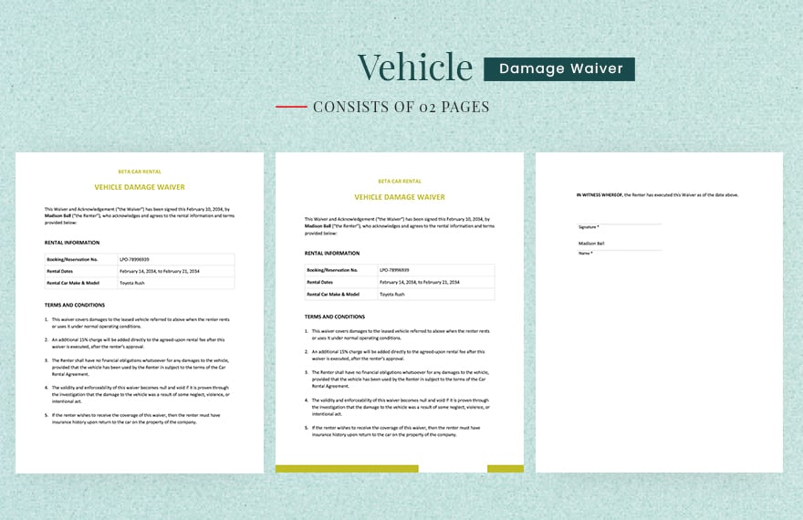Vehicle Damage Waiver Template in Word, Google Docs