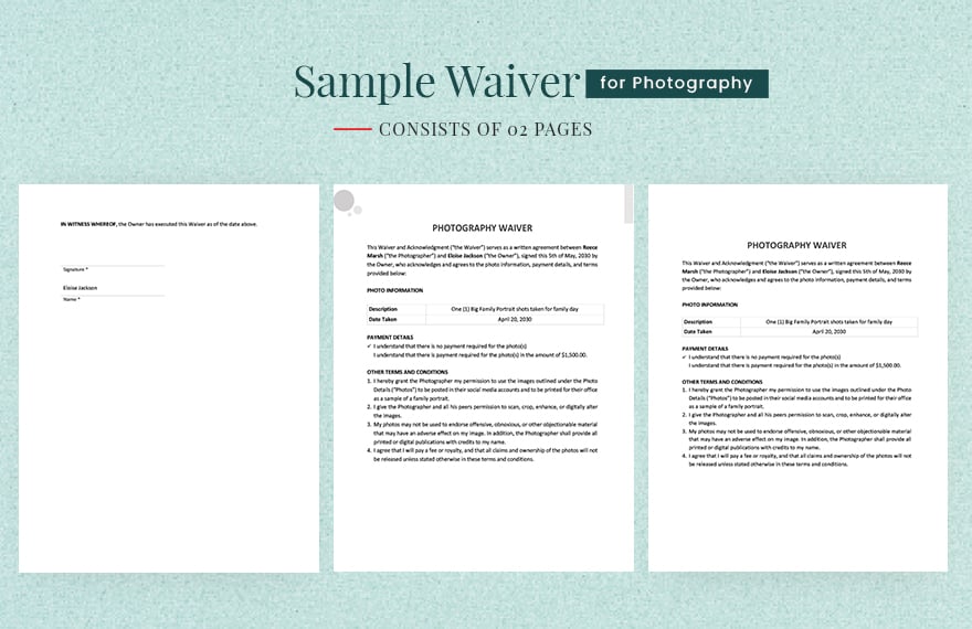 Sample Waiver for Photography Template in Word, Google Docs