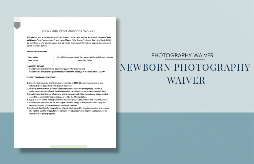 Newborn Photography Waiver Template in Word, Google Docs