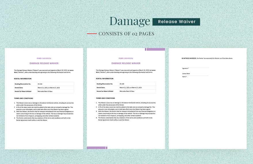 Damage Release Waiver Template in Word, Google Docs