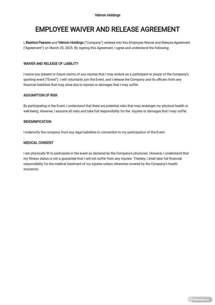 Sample Employee Waiver & Release Agreement Template
