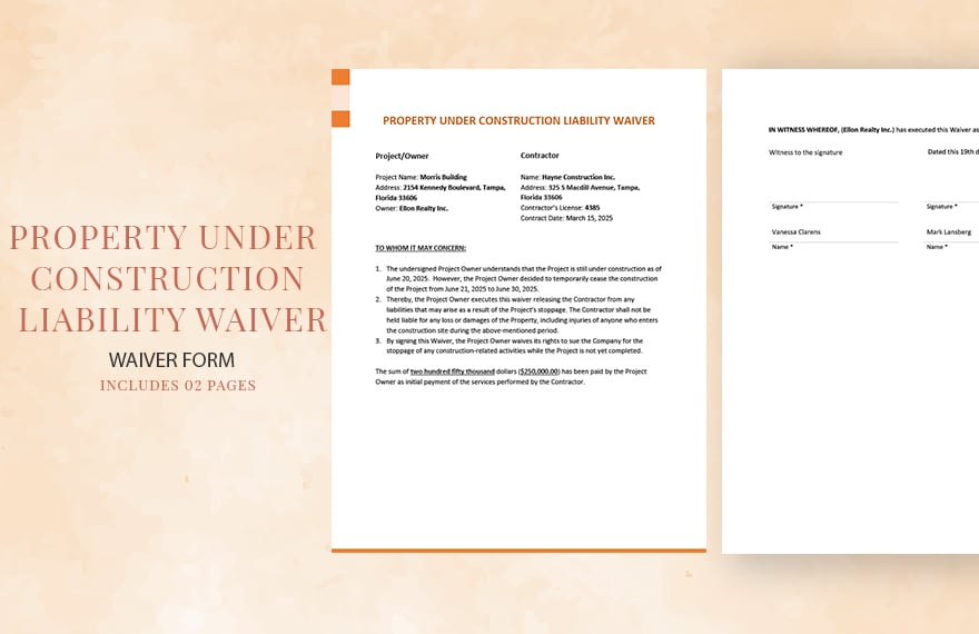 Property Under Construction Liability Waiver Template