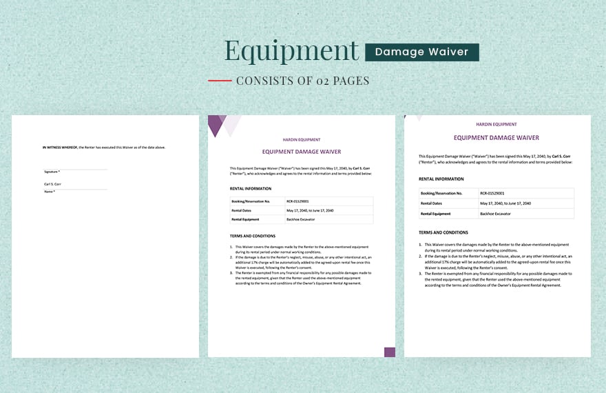 Equipment Damage Waiver Template in Word, Google Docs