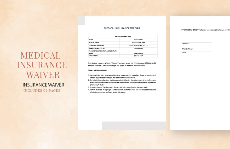 Medical Insurance Waiver Template in Word, Google Docs