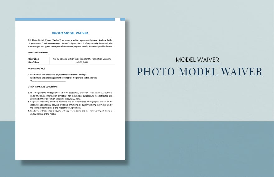 Photo Model Waiver Template in Word, Google Docs