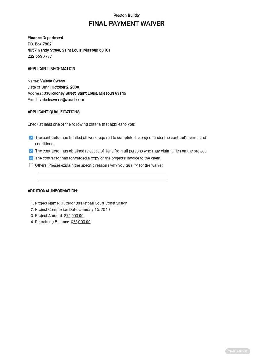 Final Payment Waiver Template in Word, Google Docs