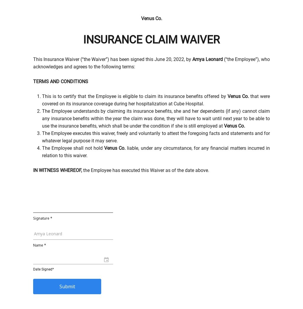 Insurance Claim Waiver Form Template