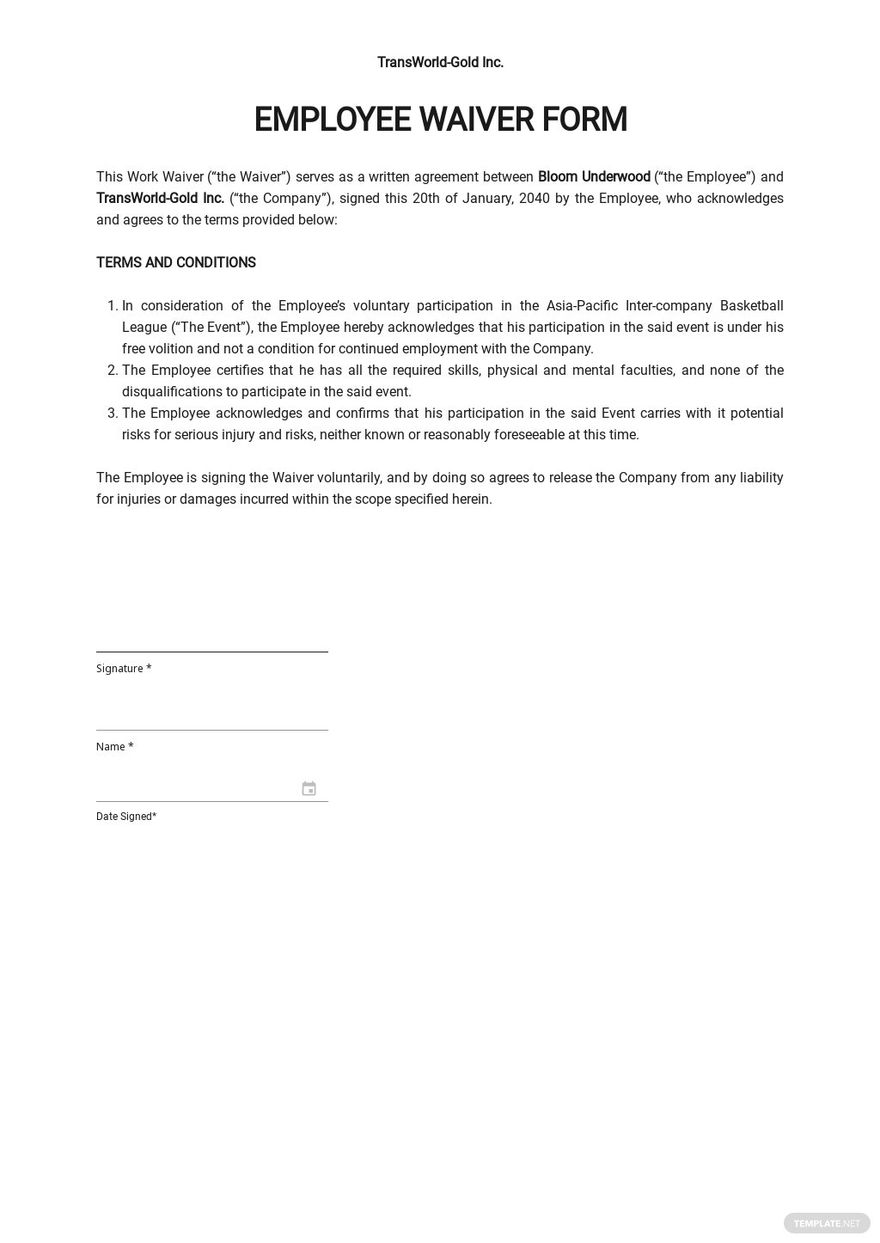 Employee Waiver Form Template Google Docs Word Template