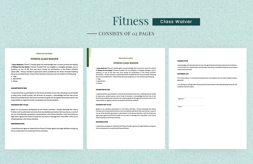 Fitness Class Waiver Template in Word, Google Docs