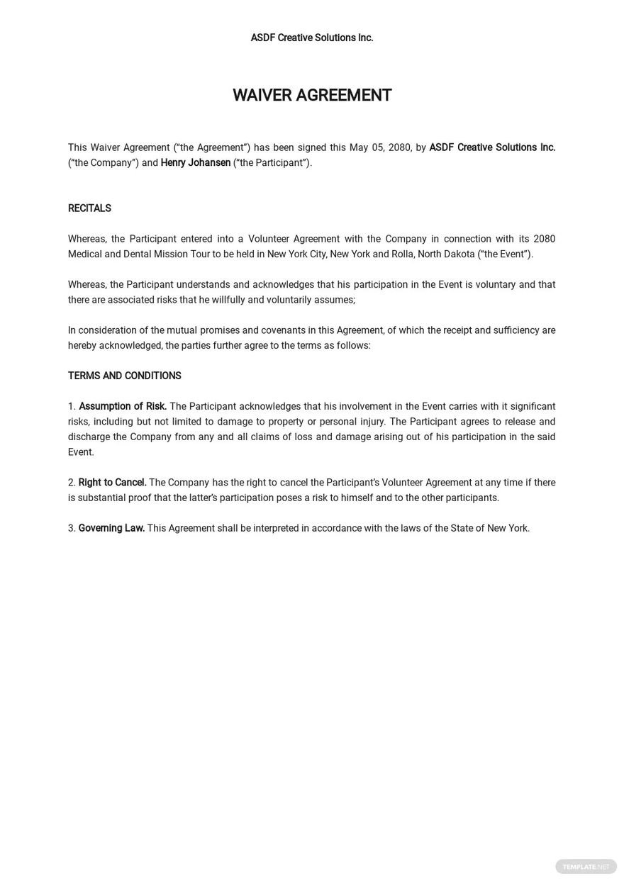 General Waiver Agreement Template in Word, Google Docs