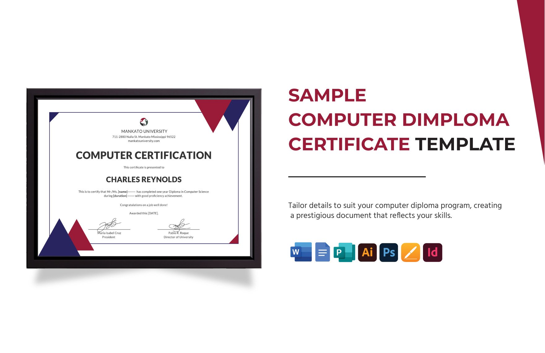 Sample Computer Diploma Certificate Template in Word, Google Docs, Illustrator, PSD, Apple Pages, Publisher, InDesign