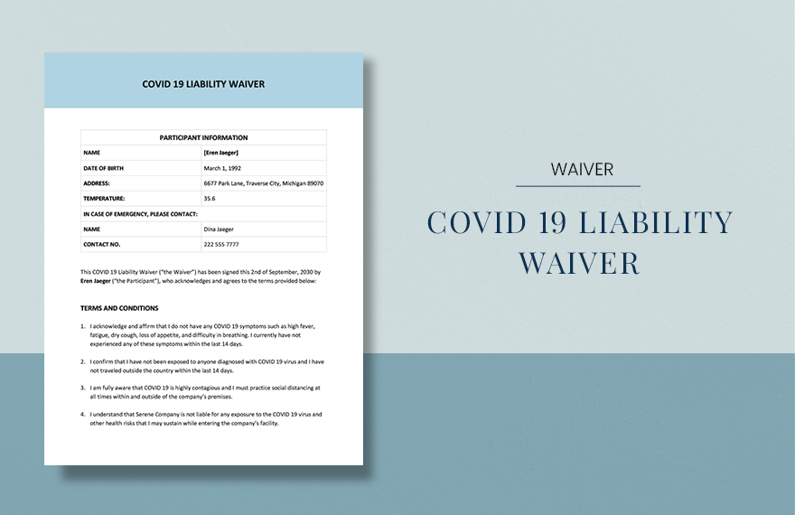 Covid 19 Liability Waiver Template in Word, Google Docs