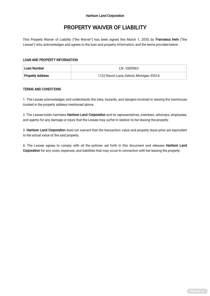Property Waiver of Liability Template