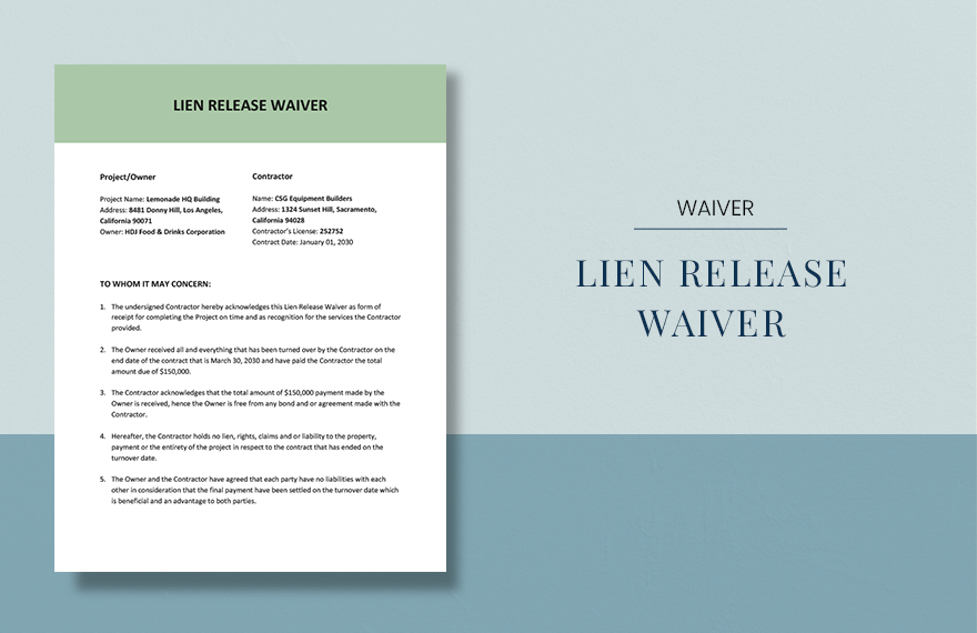 Lien Release Waiver Template in Word, Google Docs