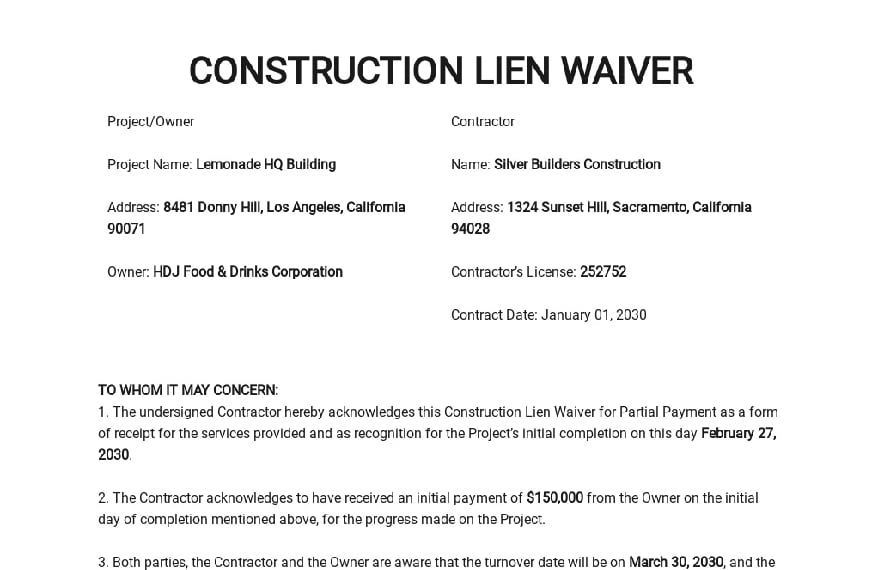 Construction Waiver Template in Word, Google Docs, PDF