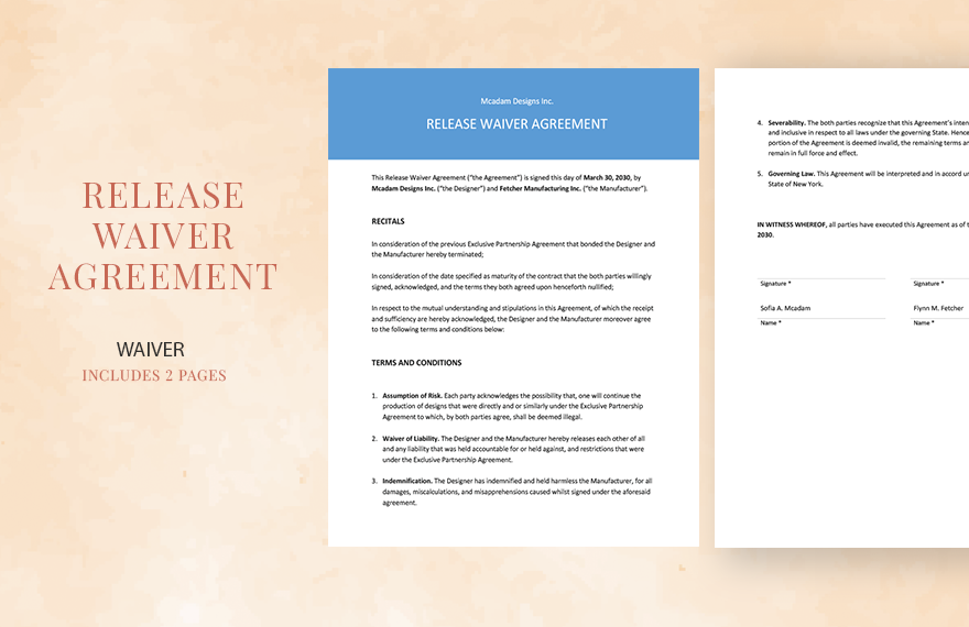 Release Waiver Agreement Template in Word, Google Docs
