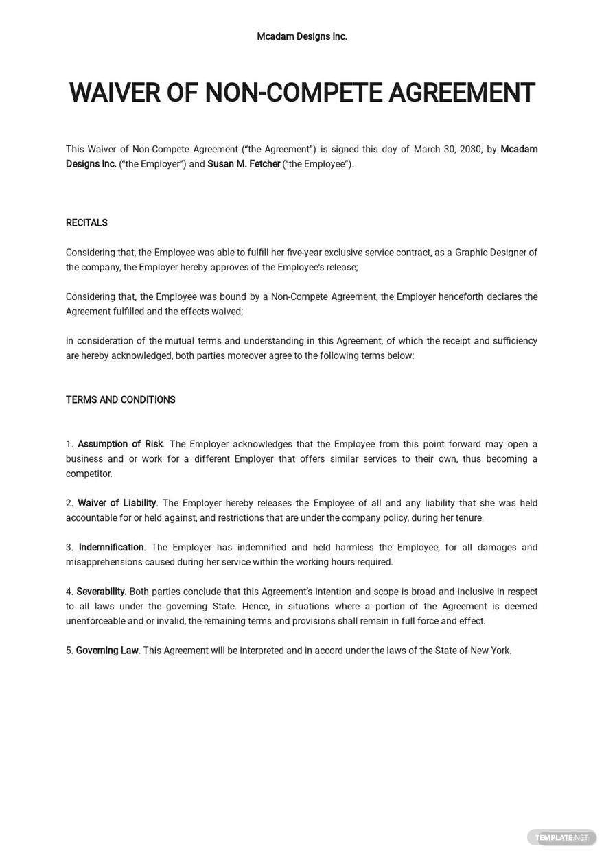 Waiver of Non Compete Agreement Template