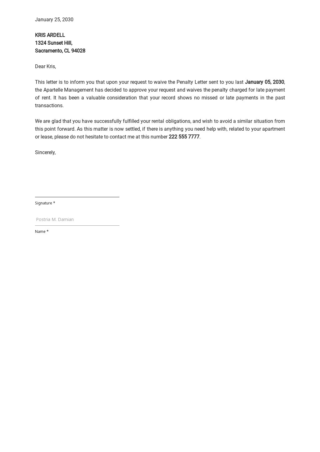 Waiver of Penalty Letter Template in Google Docs, Word