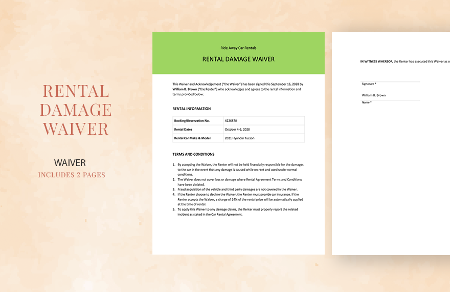 Rental Damage Waiver Template in Word, Google Docs