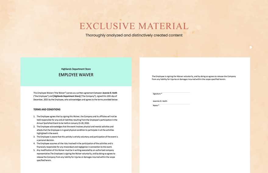 Sample Employee Waiver Template