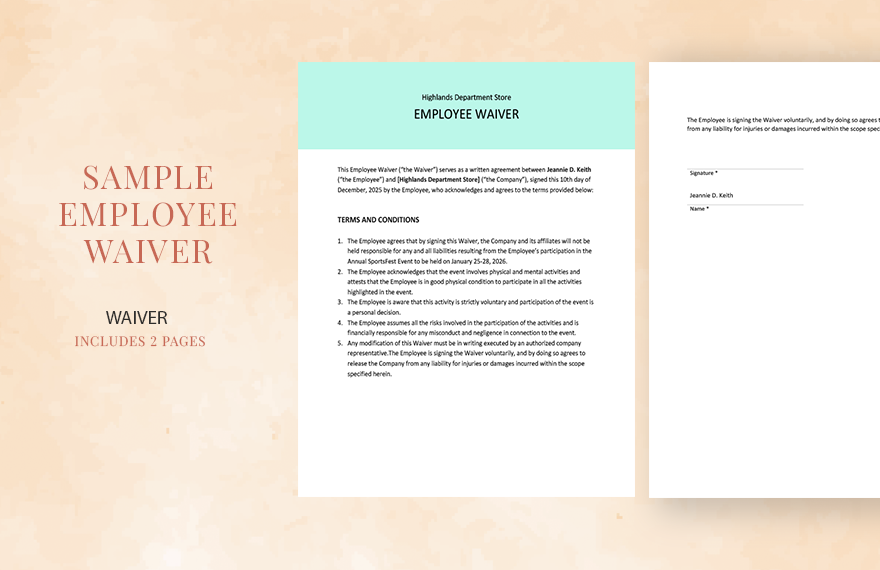 Sample Employee Waiver Template in Word, Google Docs