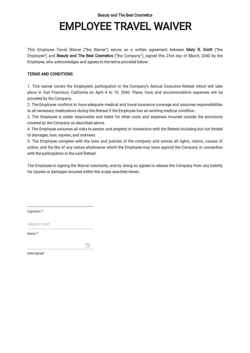 Employee Travel Waiver Form Template Google Docs Word Template net