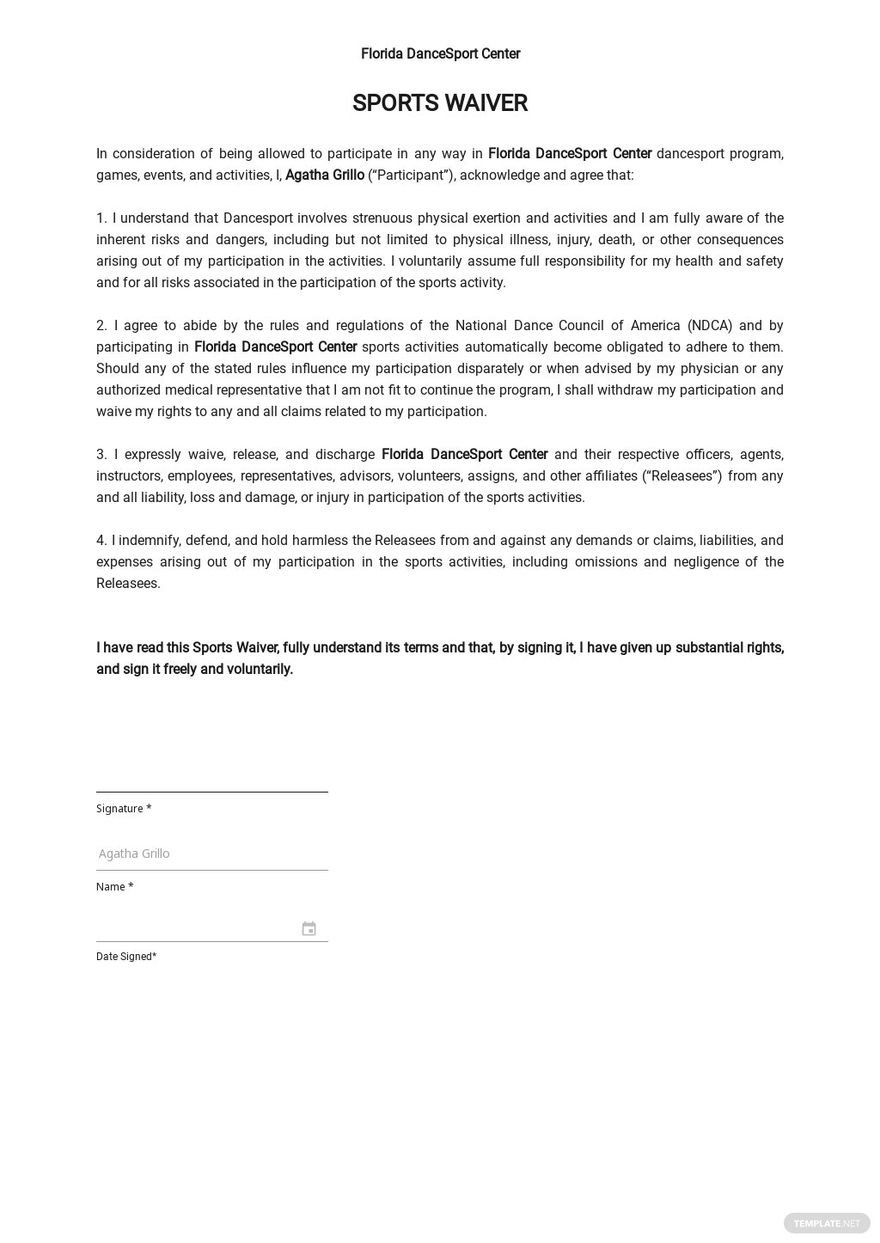 Sports Waiver Form Template Word, Google Docs