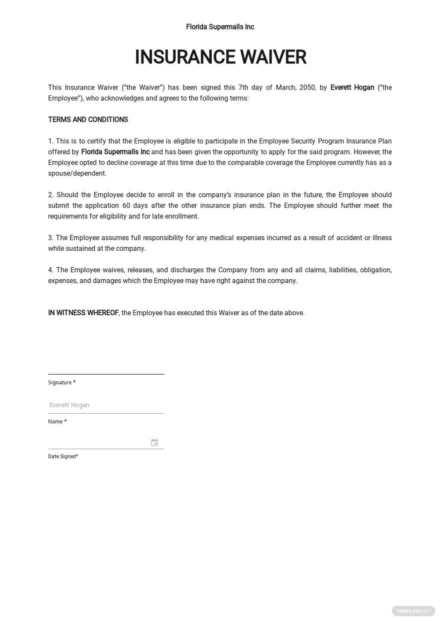 Health Insurance Waiver Form Template