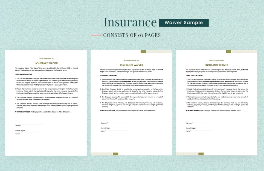 Insurance Waiver Sample Template in Word, Google Docs