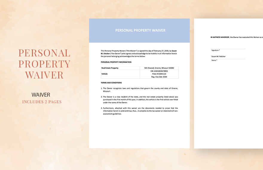 Personal Property Waiver Template in Word, Google Docs