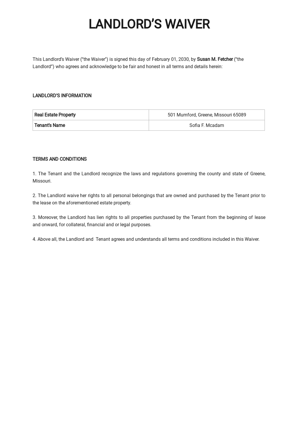 Landlord s Waiver Template Google Docs Word Template