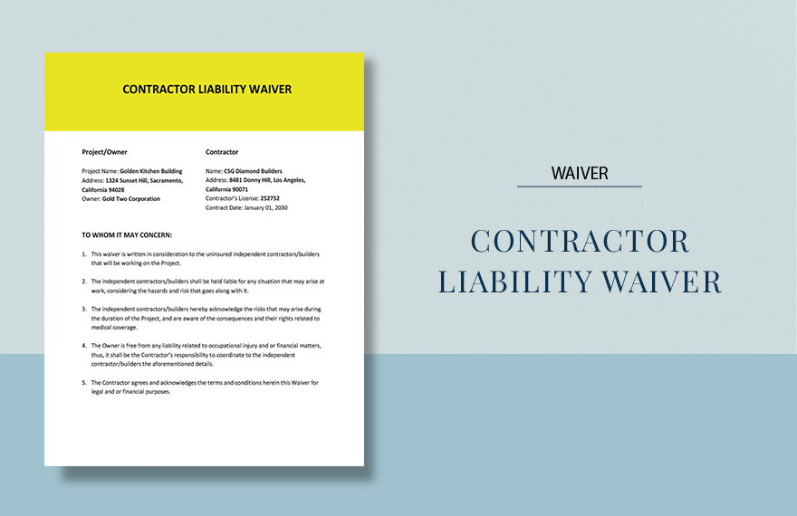 Contractor Liability Waiver Template in Word, Google Docs