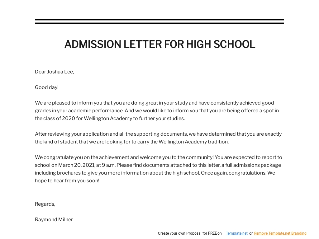 Admission Letter for High School Template - Google Docs, Word