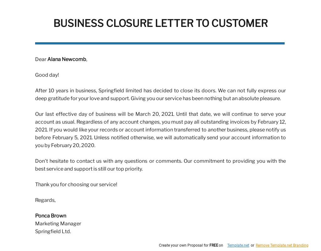 Free Business Closure Letter to Customer Template.jpe