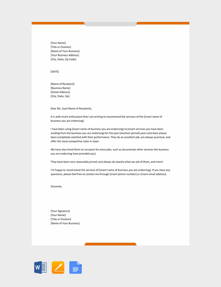 get license to sample letter back Word  Google FREE Endorsement Letter  Business   Template