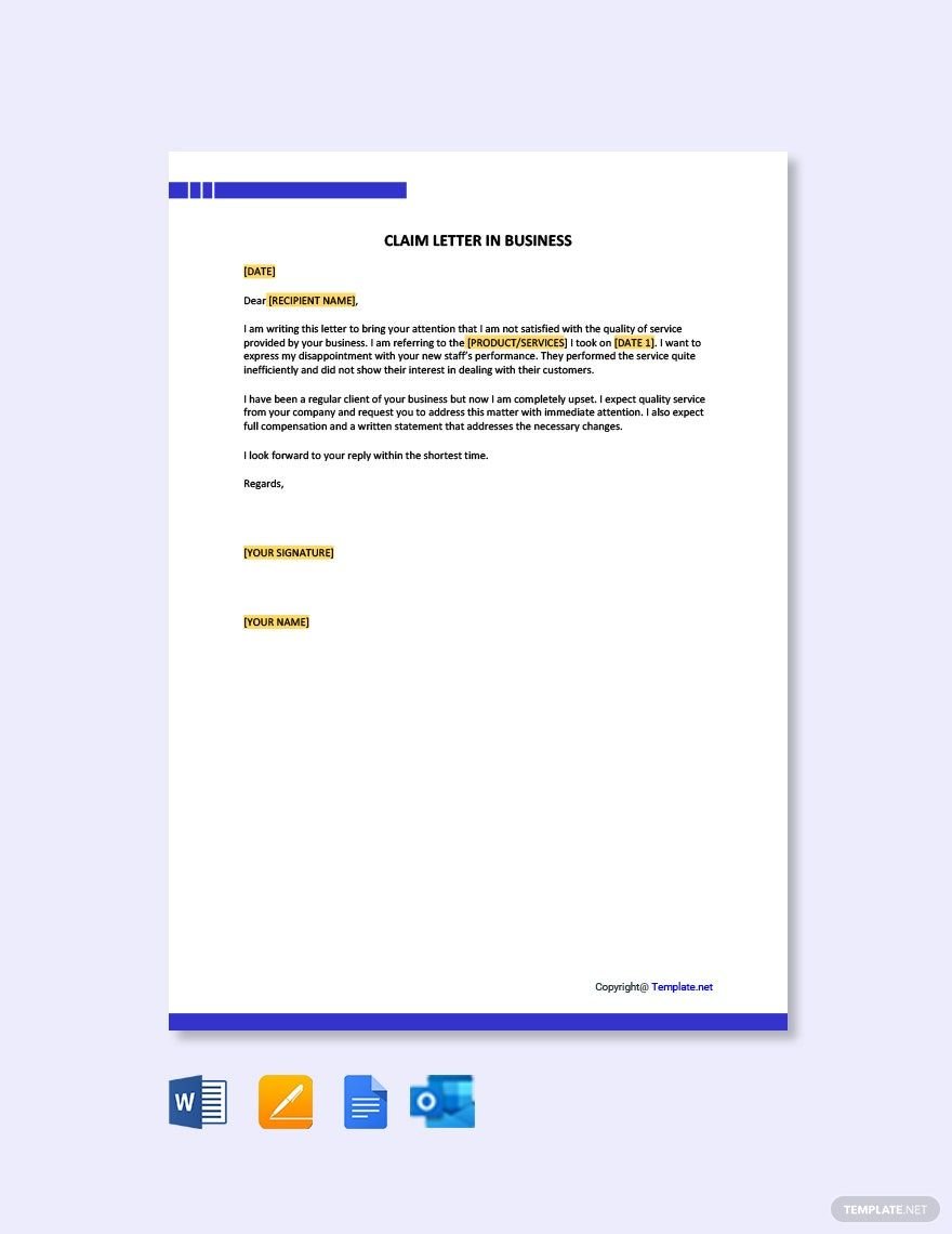 Claim Letter in Business in Word, Google Docs, PDF, Apple Pages, Outlook