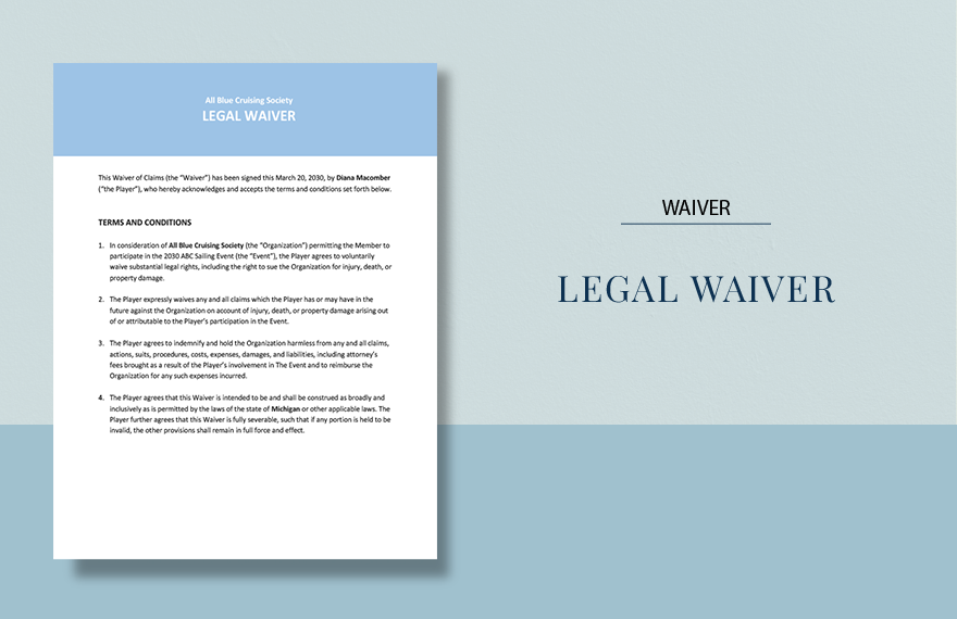 Legal Waiver Sample Template in Word, Google Docs