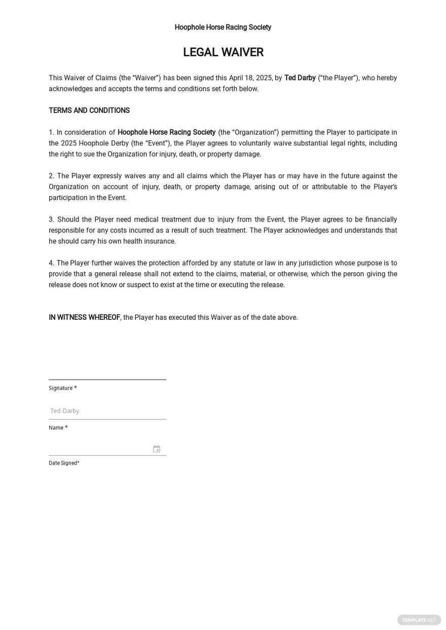 Legal Waiver Form Template