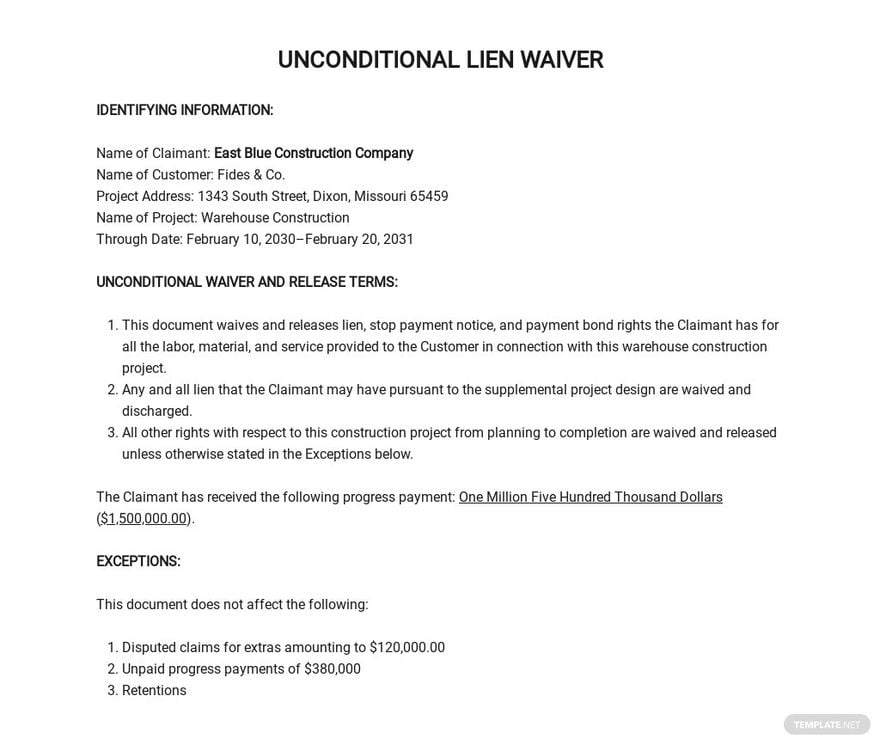 Unconditional Lien Waiver Template in Word, Google Docs