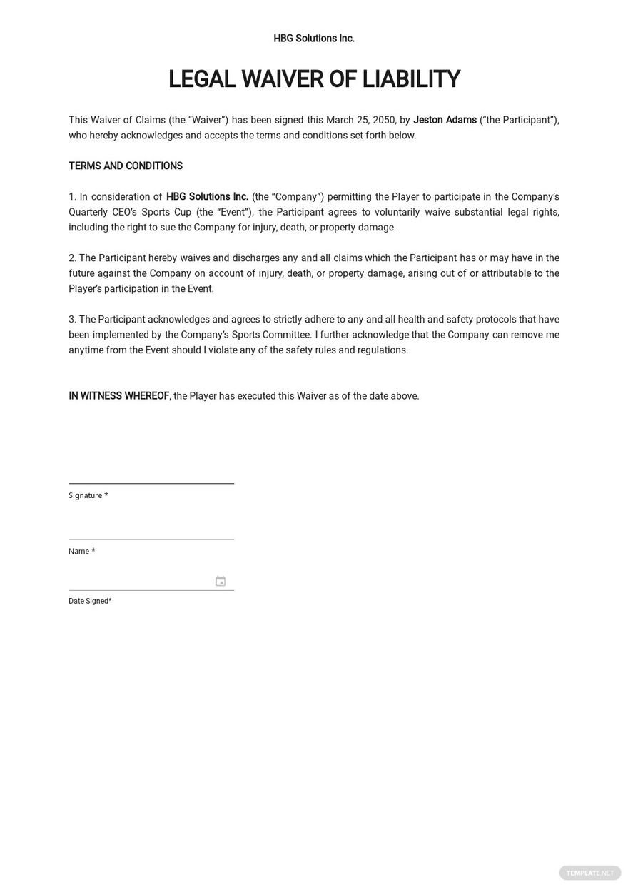 Legal Waiver of Liability Template