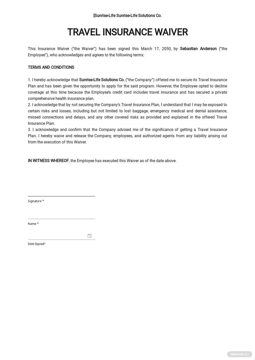 Travel Insurance Waiver Template in Word, Google Docs